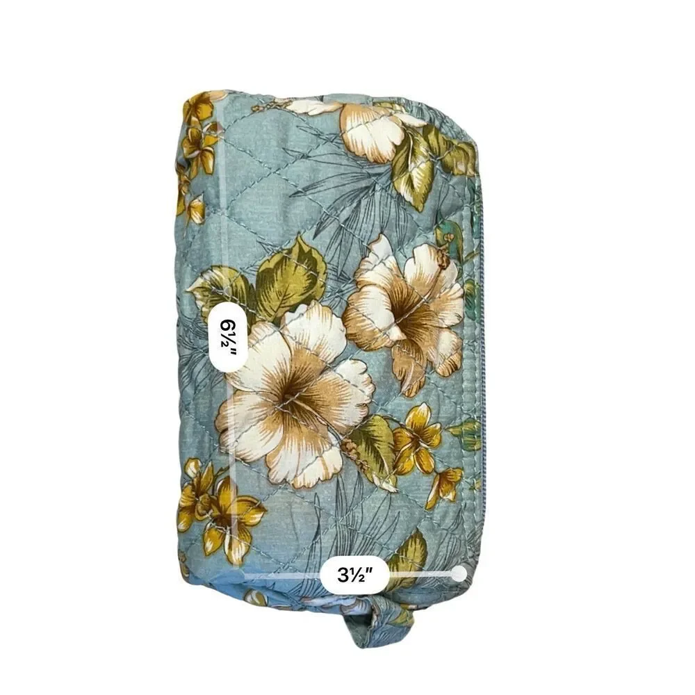 Blue Hibiscus Cotton Quilted Cosmetic‎ Bag Floral 6.5